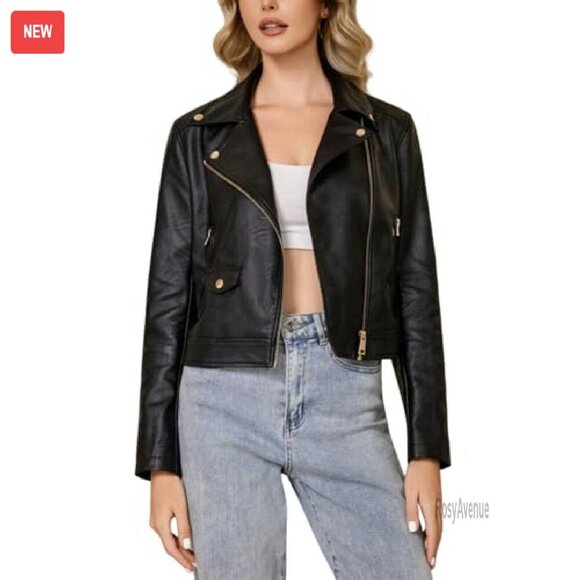 Faux Leather Cropped Moto Jacket Slim Fit Zip Up Biker Coat - Picture 2 of 8